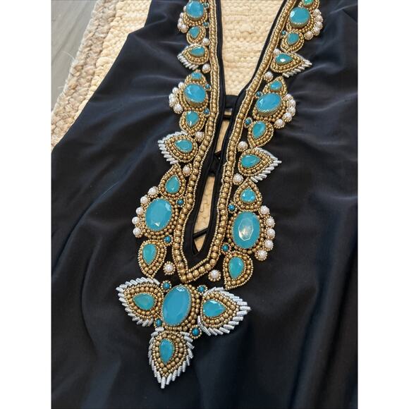 Asa Kaftans Black Turquoise Color Gems Gold Beaded Halter Swim Suit Size XL - Picture 2 of 10